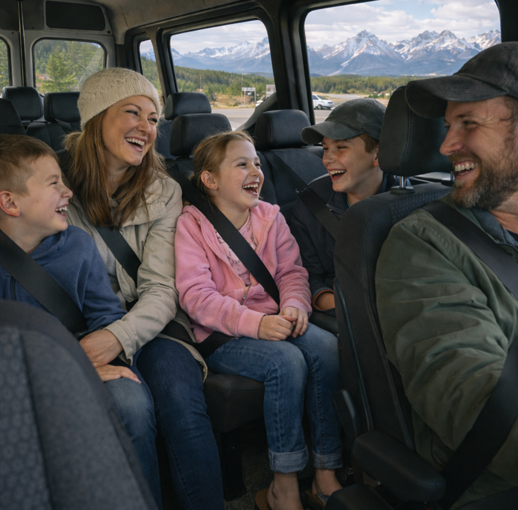 Family enjoying a scenic tour in a van, laughing together with mountains visible through the windows, highlighting the joy of outdoor adventures with Teton Expeditions.