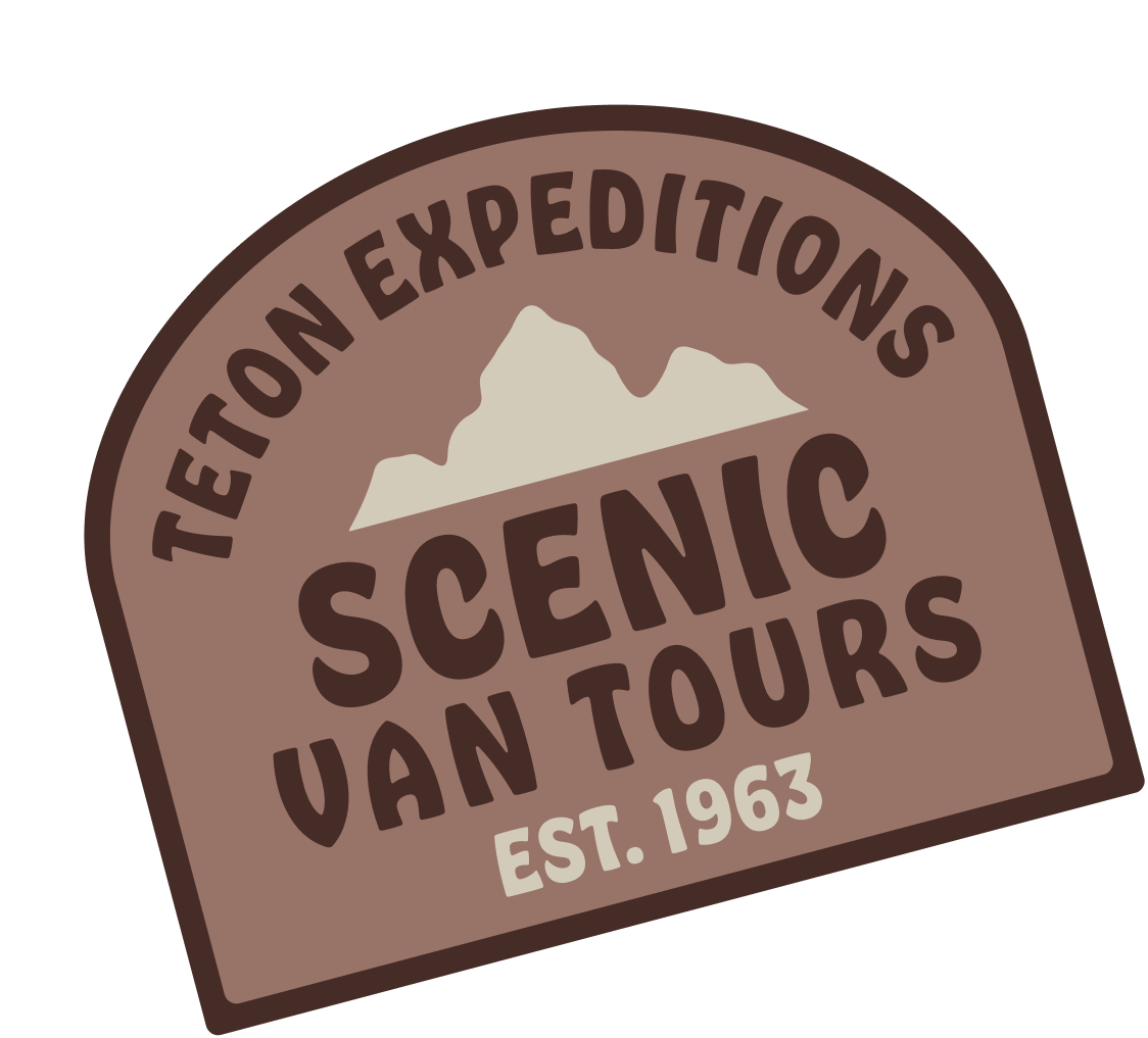 Teton Expeditions logo featuring "SCENIC VAN TOURS" and mountain graphic, established 1963, representing outdoor adventures in Teton and Yellowstone National Parks.