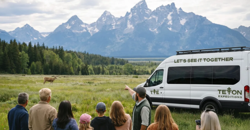 Group of people observing wildlife in a scenic landscape with the Teton mountain range in the background, featuring a Teton Expeditions van displaying "LET'S SEE IT TOGETHER."