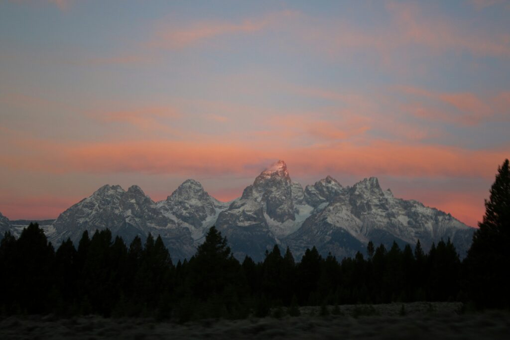 Majestic Teton mountain range at sunset with pink and orange sky, surrounded by evergreen trees, showcasing the stunning natural beauty of the Teton and Yellowstone areas.