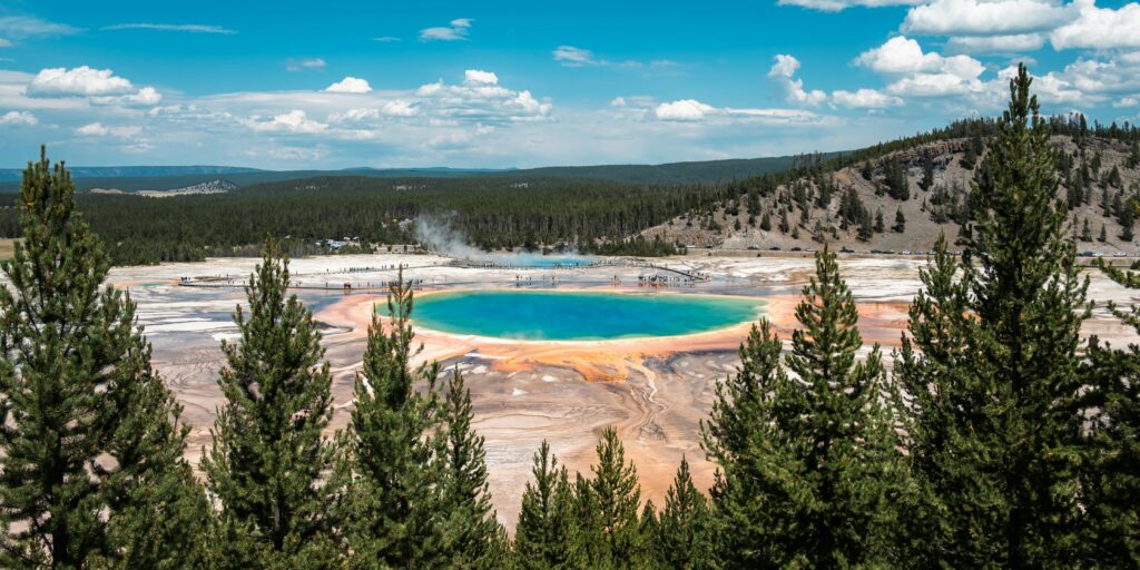 Vibrant geothermal features of Yellowstone National Park, showcasing the Grand Prismatic Spring surrounded by lush green trees and distant mountains under a bright blue sky.
