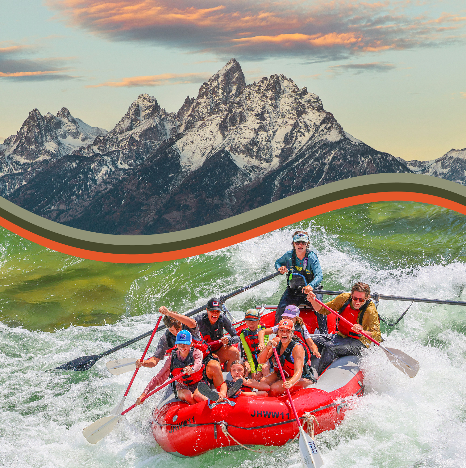 Group of adventurers enjoying a thrilling whitewater rafting experience on the Snake River, with the majestic Teton mountains in the background, showcasing excitement and teamwork.