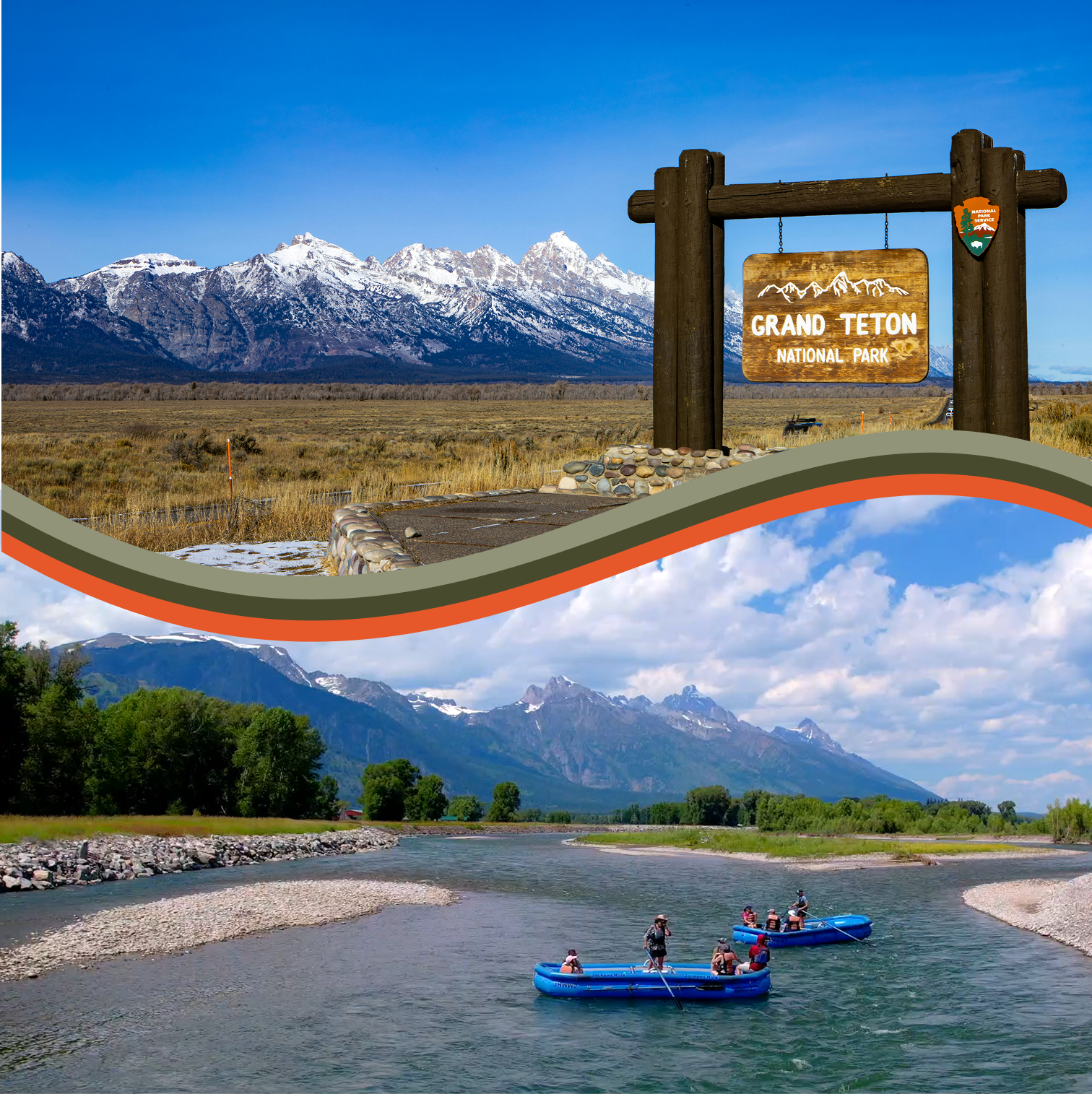 Grand Teton National Park sign with snow-capped mountains in the background and a scenic river float trip featuring people in blue rafts against a backdrop of lush greenery and mountains.